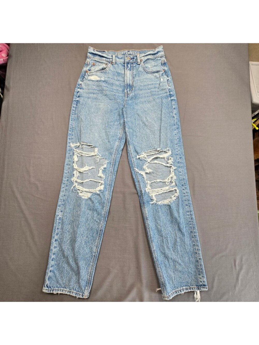 American Eagle Highest Rise Baggy Straight Jeans Size 4 Distressed Blue Denim